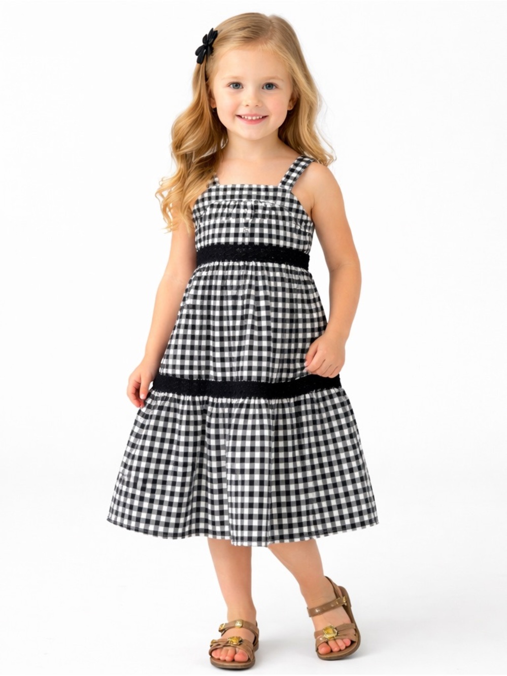 Janie and Jack Girls‎ Gingham Dress Size 4 Black White Tiered Sundress